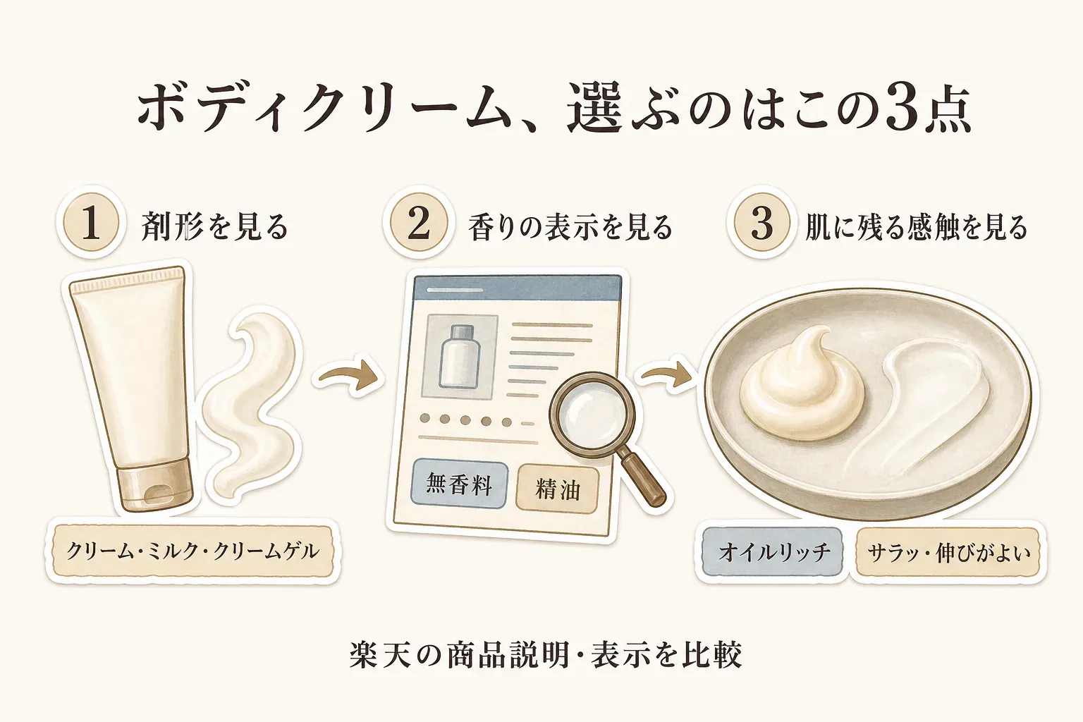 ボディクリームを選ぶ3点を示す図。剤形はクリーム・ミルク・クリームゲルを確認し、香りは無香料・精油などの表示を確認し、肌に残る感触はオイルリッチかサラッとして伸びがよいかを商品説明から比較する。出典：楽天の商品説明・表示を比較。