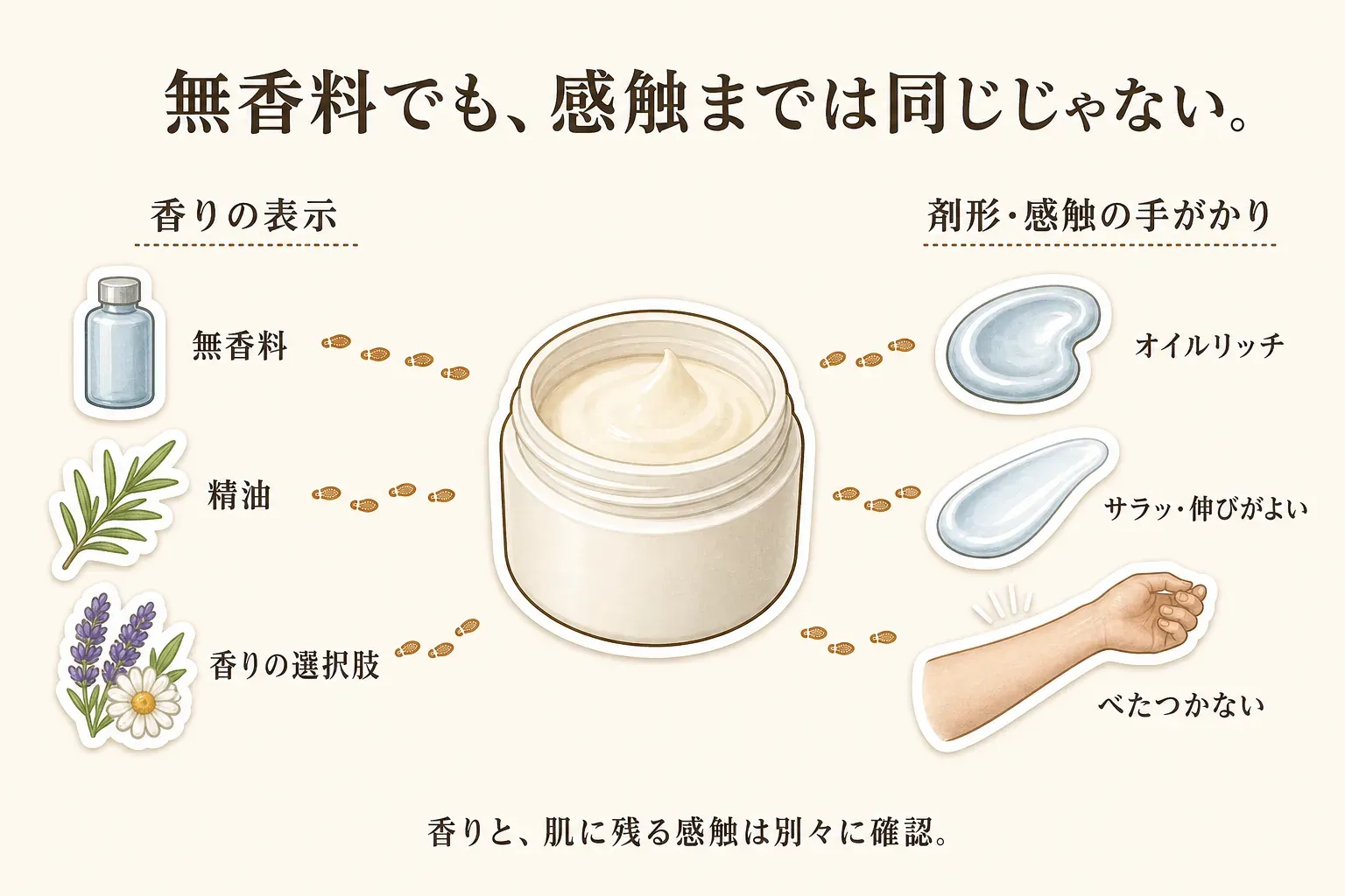 無香料でも肌に残る感触は同じではないことを示す図。香りは無香料・精油・香りの選択肢を別々に確認し、剤形や使用感の表示からオイルリッチ、サラッとして伸びがよい、べたつかないなどの感触の手がかりを比較する。出典：楽天の商品説明・表示を比較。