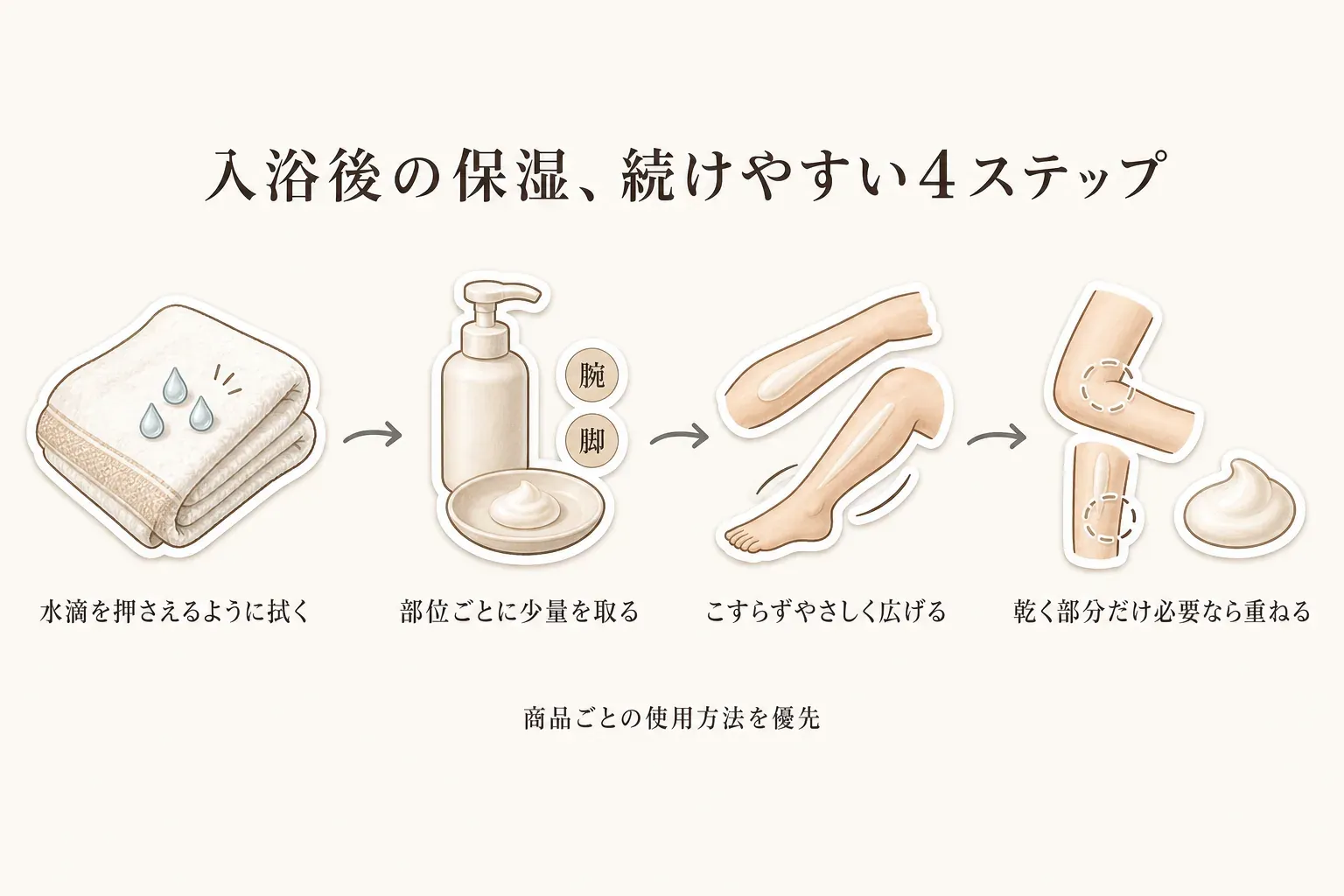 入浴後の保湿を続けやすくする4ステップの図。水滴を押さえるように拭き、腕や脚など部位ごとに少量を取り、こすらずやさしく広げ、乾く部分だけ必要なら重ねる流れを示し、商品ごとの使用方法を優先するよう案内している。