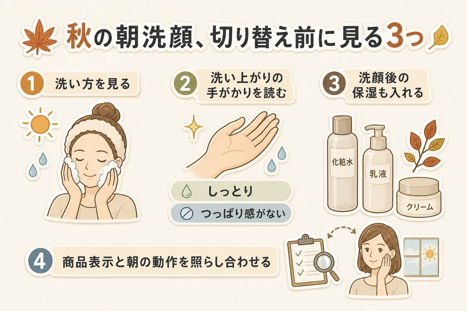 秋の朝洗顔を切り替える前の確認事項を示す図。洗い方を見る、しっとり・つっぱり感がないなど洗い上がりの手がかりを読む、洗顔後の化粧水・乳液・クリームによる保湿も手順に入れる、商品表示と朝の動作を照らし合わせる4項目を描いている。
