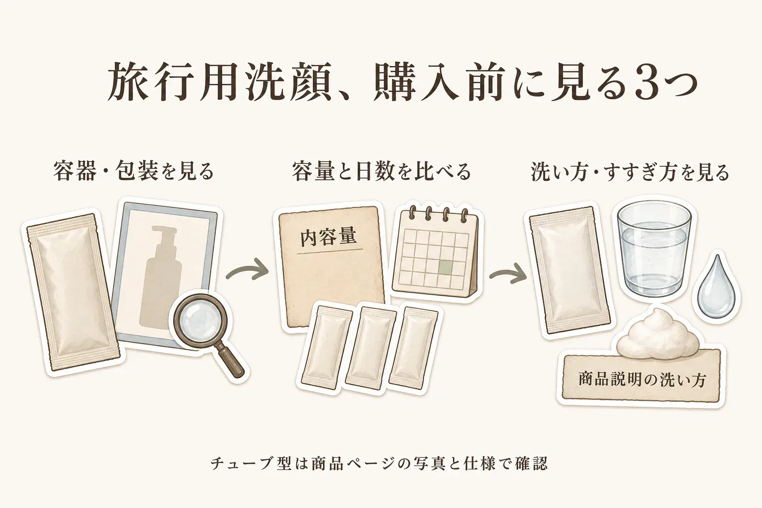 旅行用洗顔の購入前に見る3項目を示す図。容器・個包装を確認し、内容量と旅行日数を比べ、商品説明にある洗い方・すすぎ方を確認する流れと、チューブ型は商品ページの写真と仕様で確認する注意を描いている。