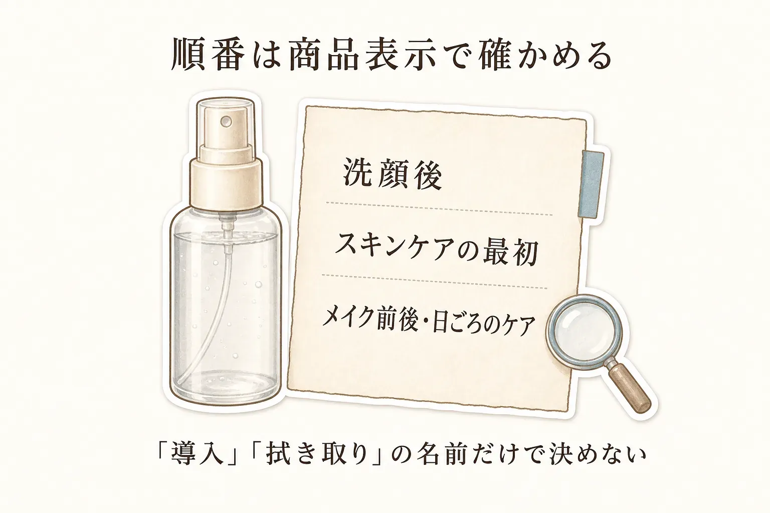順番を商品表示で確かめる図。洗顔後、スキンケアの最初、メイク前後・日ごろのケアの表示を確認し、「導入」「拭き取り」の名前だけで決めない。