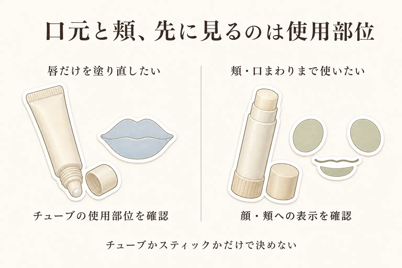 口元と頬の保湿バームを選ぶときは使用部位を先に確認する図。唇だけを塗り直したい場合はチューブの使用部位を、頬・口まわりまで使いたい場合は顔・頬への使用表示を確認し、チューブかスティックかだけで決めないよう案内している。出典：楽天の商品説明・表示を比較。
