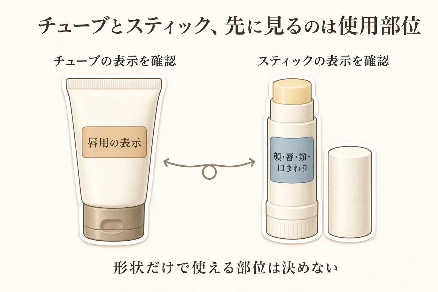 チューブとスティックの保湿バームは、形状だけで使える部位を決めないことを示す図。チューブは唇用の表示、スティックは顔・唇・頬・口まわりの表示をそれぞれ確認するよう案内している。出典：楽天の商品説明・表示を比較。
