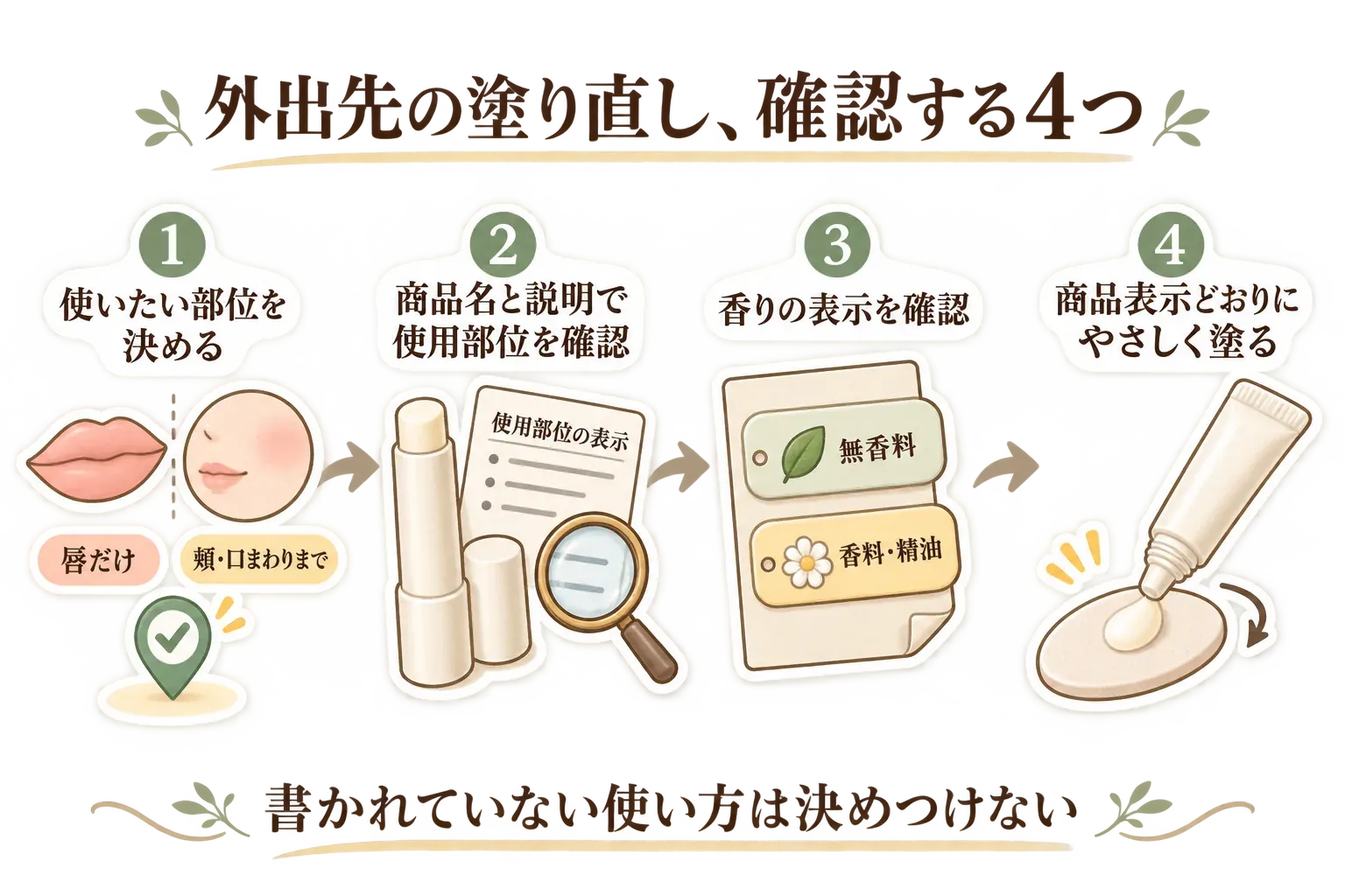 外出先で保湿バームを塗り直す際の4つの確認事項を示す図。使いたい部位を決め、商品名と説明で使用部位を確認し、無香料・香料・精油など香りの表示を確認して、商品表示どおりにやさしく塗る。書かれていない使い方は決めつけないよう案内している。出典：楽天の商品説明・表示を比較、日本皮膚科学会「軟膏やクリームはどのように塗ればいいの？」。