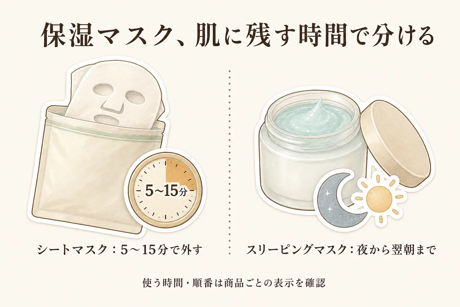 保湿シートマスクとスリーピングマスクの肌に残す時間を比べる図。シートマスクは洗顔後または化粧水後に5〜15分ほどのせて外し、残った美容液をなじませて乳液やクリームで仕上げる流れ、スリーピングマスクは夜のスキンケアの最後に塗り、洗い流さず翌朝まで残す流れを示している。