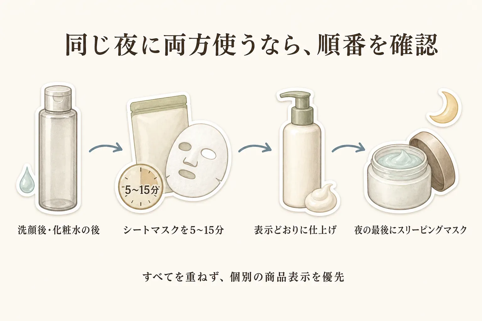 保湿シートマスクとスリーピングマスクを同じ夜に使う場合の順番を確認する図。シートマスクは洗顔後または化粧水後に商品表示どおり5〜15分で外し、残った美容液をなじませ、必要に応じて乳液・クリームで整えた後、スリーピングマスクを夜の最後に塗る流れを示し、すべての商品を重ねてよいとは限らないため個別の使用方法を優先すると案内している。
