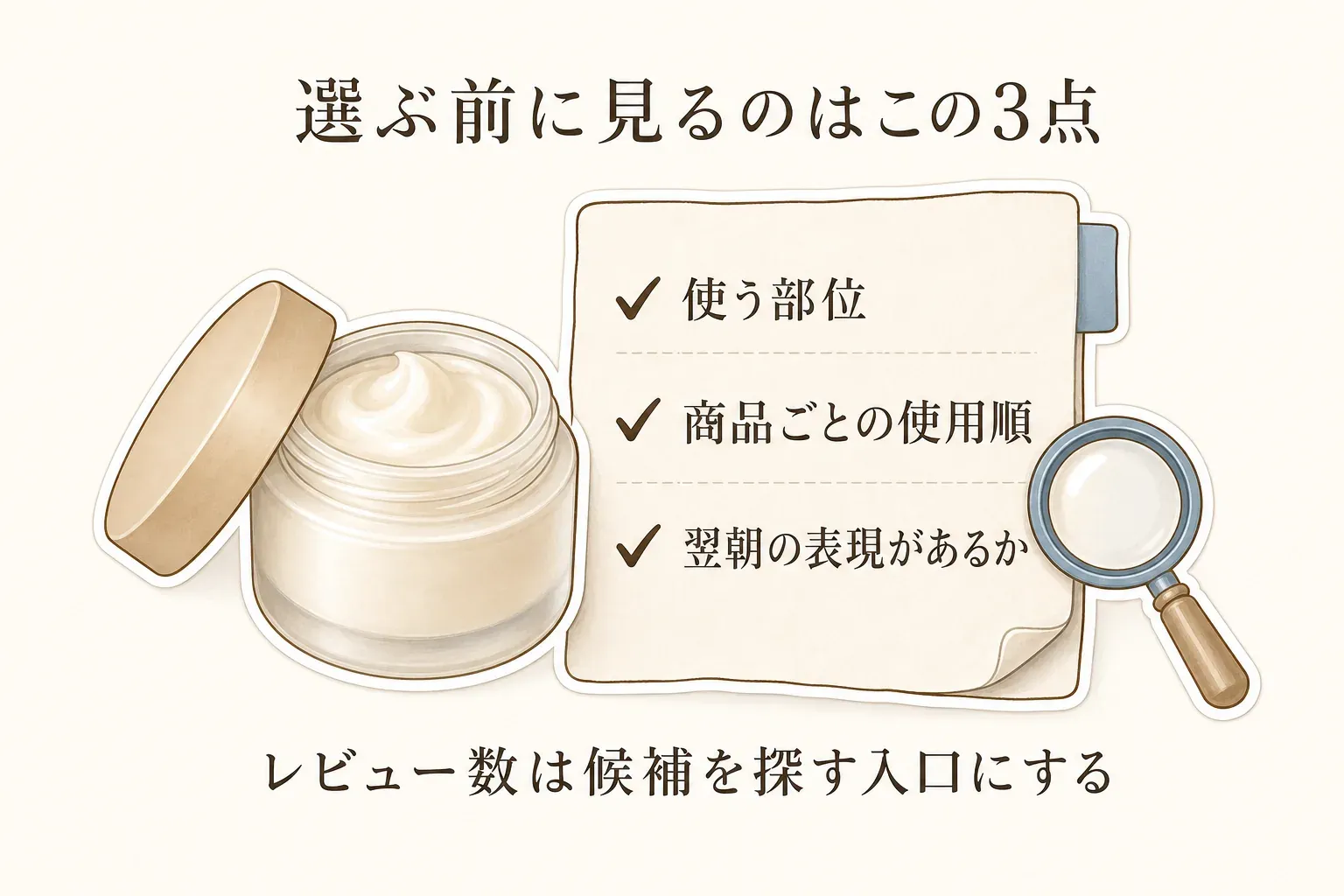 ナイトクリームやアイクリームを選ぶ前に商品ページで確認する3点を示す図。使う部位、商品ごとの使用順、翌朝の表現があるかをチェックし、レビュー数は候補を探す入口として扱うことを、クリーム容器、チェックリスト、虫眼鏡で表している。