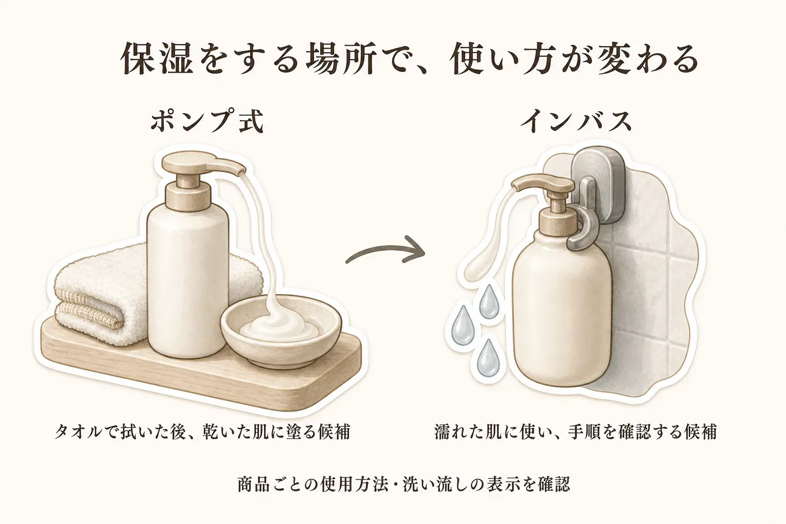 保湿をする場所による使い方の違いを示す図。ポンプ式はタオルで拭いた後の乾いた肌に塗る候補、インバスは濡れた肌に使い、商品ごとの使用方法と洗い流し表示を確認する候補として描いている。