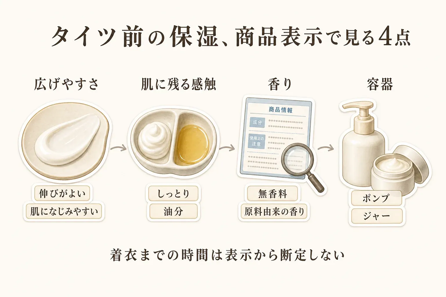 タイツや長袖を着る前の保湿剤選びで確認する4つの表示を示す図。広げやすさ、肌に残る感触、香り、容器について、商品説明で確認する表現と着替え前に考えるポイントを整理している。