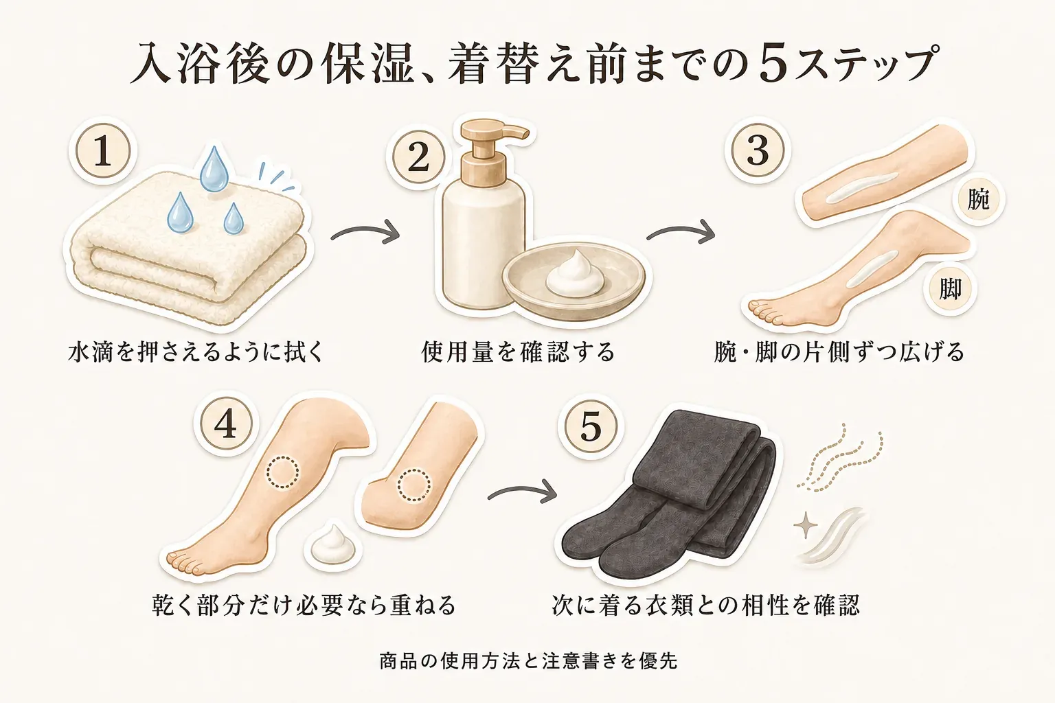 入浴後に保湿して衣類を重ねるまでの流れを示す図。水滴を押さえるように拭き、商品に書かれた使用量を腕や脚へ少量ずつ広げ、乾燥が気になる部分だけ必要に応じて重ね、香りや油膜感と次に着る衣類との相性を確認する手順を示している。